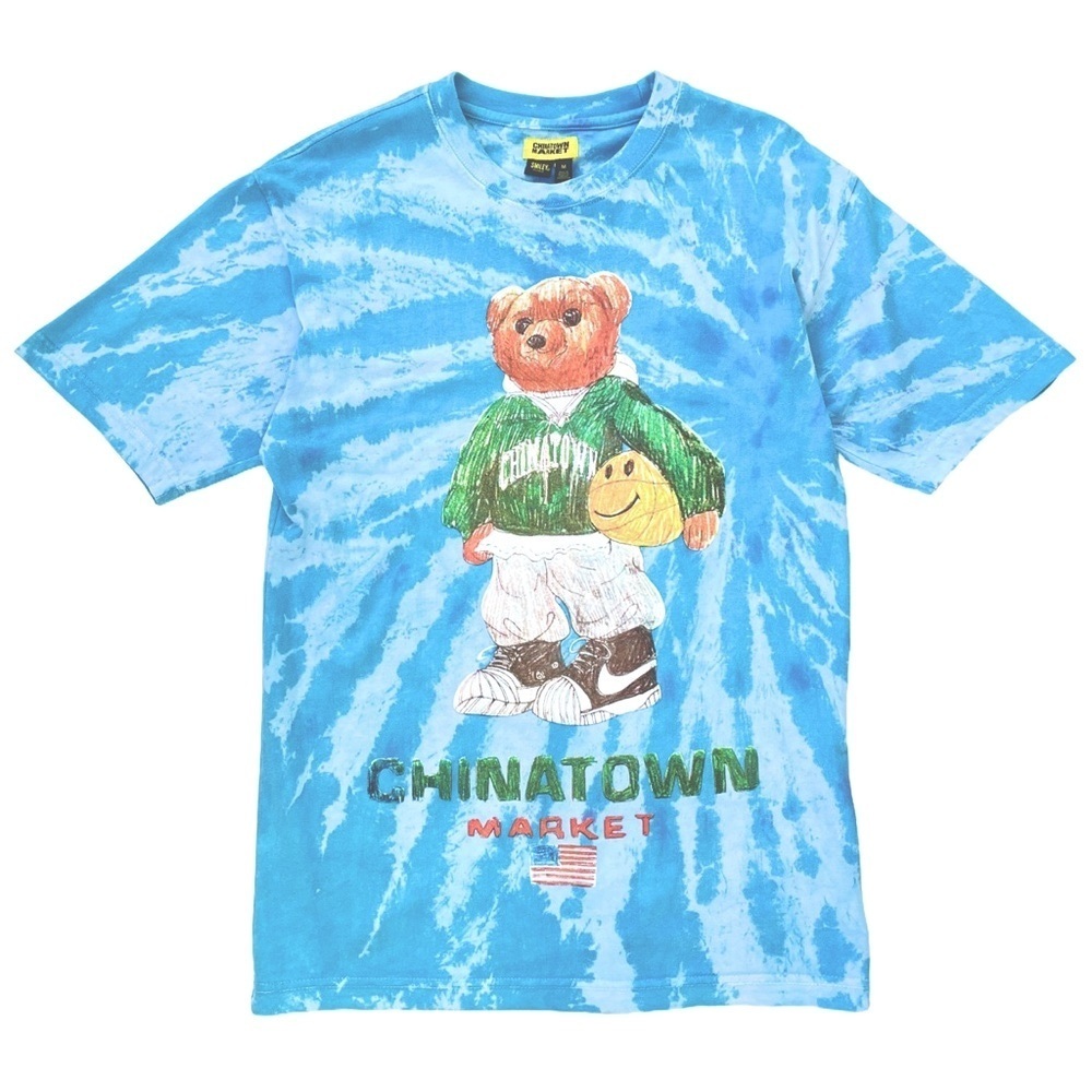 Chinatown Market Smiley T-Shirt, Sketch Basketball Bear, Blue Tie-Dye, Sz Medium